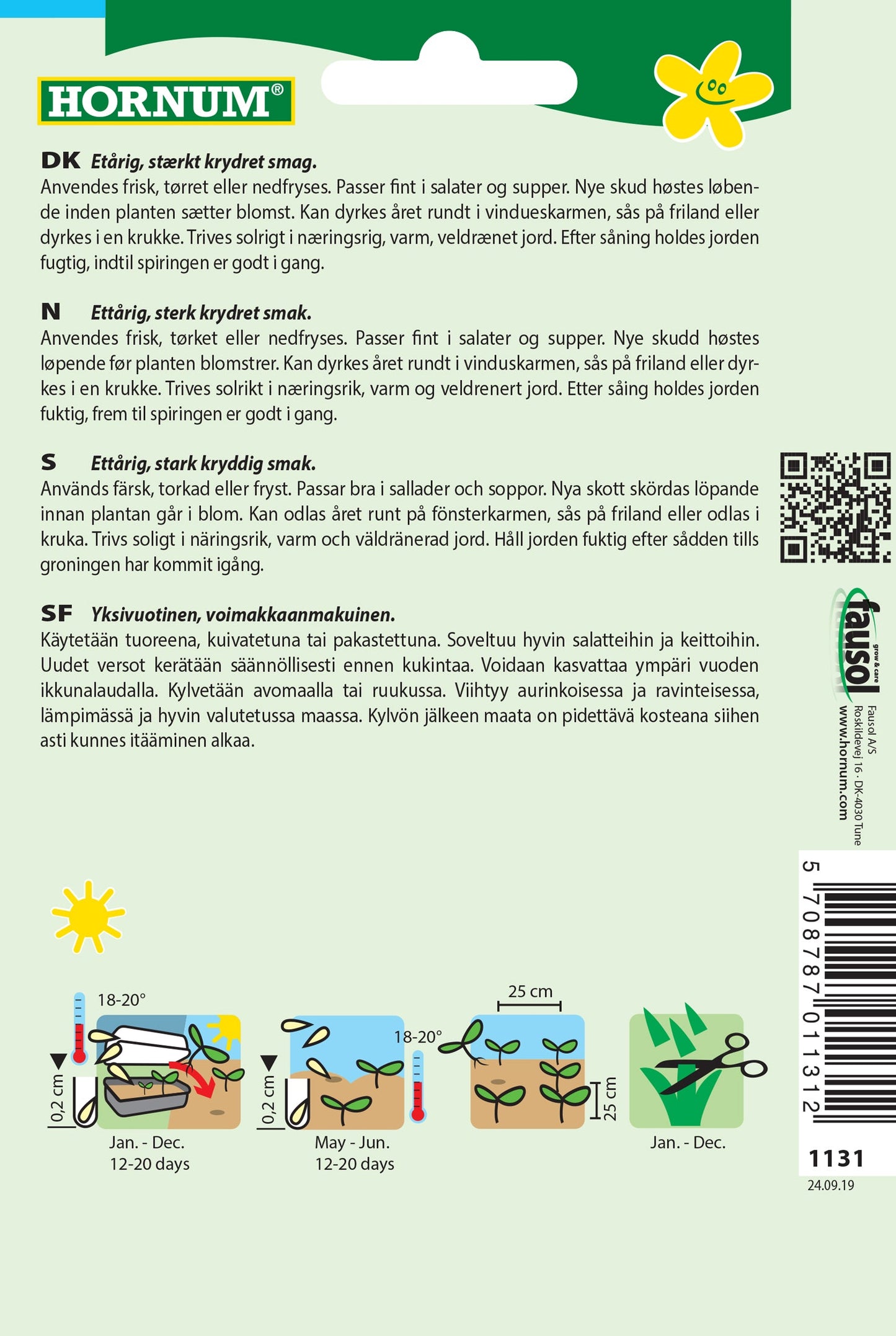 Back side of a seed packet with growing instructions visualized and in four Scandinavian languages