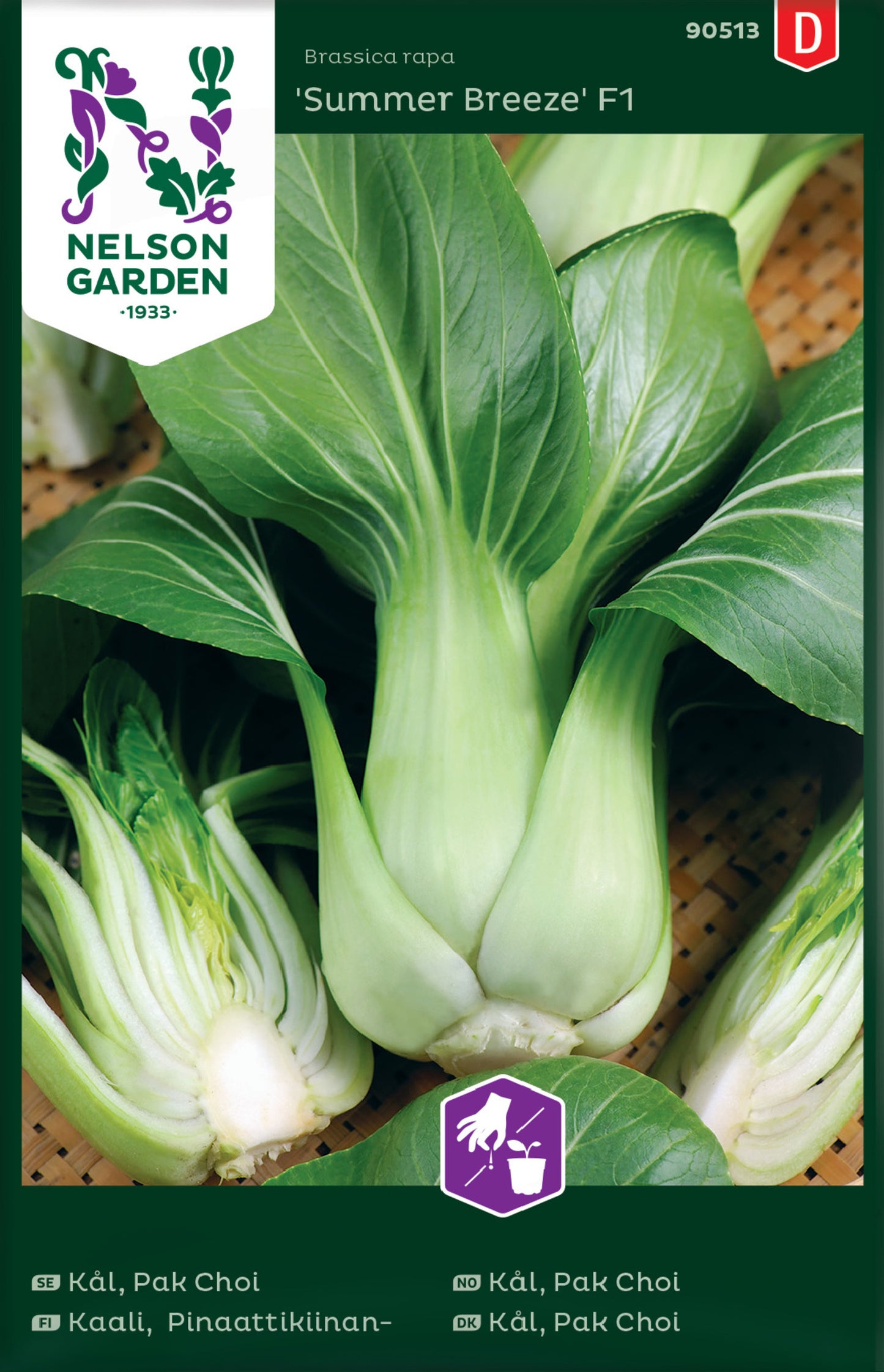 Packaging label for 'Summer Breeze' F1 Pak Choi seeds showing the plant with dark green leaves and white stems, with the brand name and other product details.