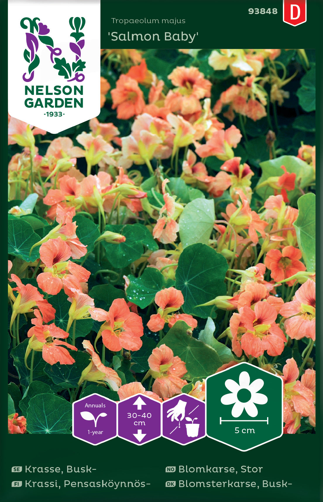 Package of Nasturtium 'Salmon Baby' seeds showing the bright salmon pink flowers and the text indicating the variety name and flower diameter.