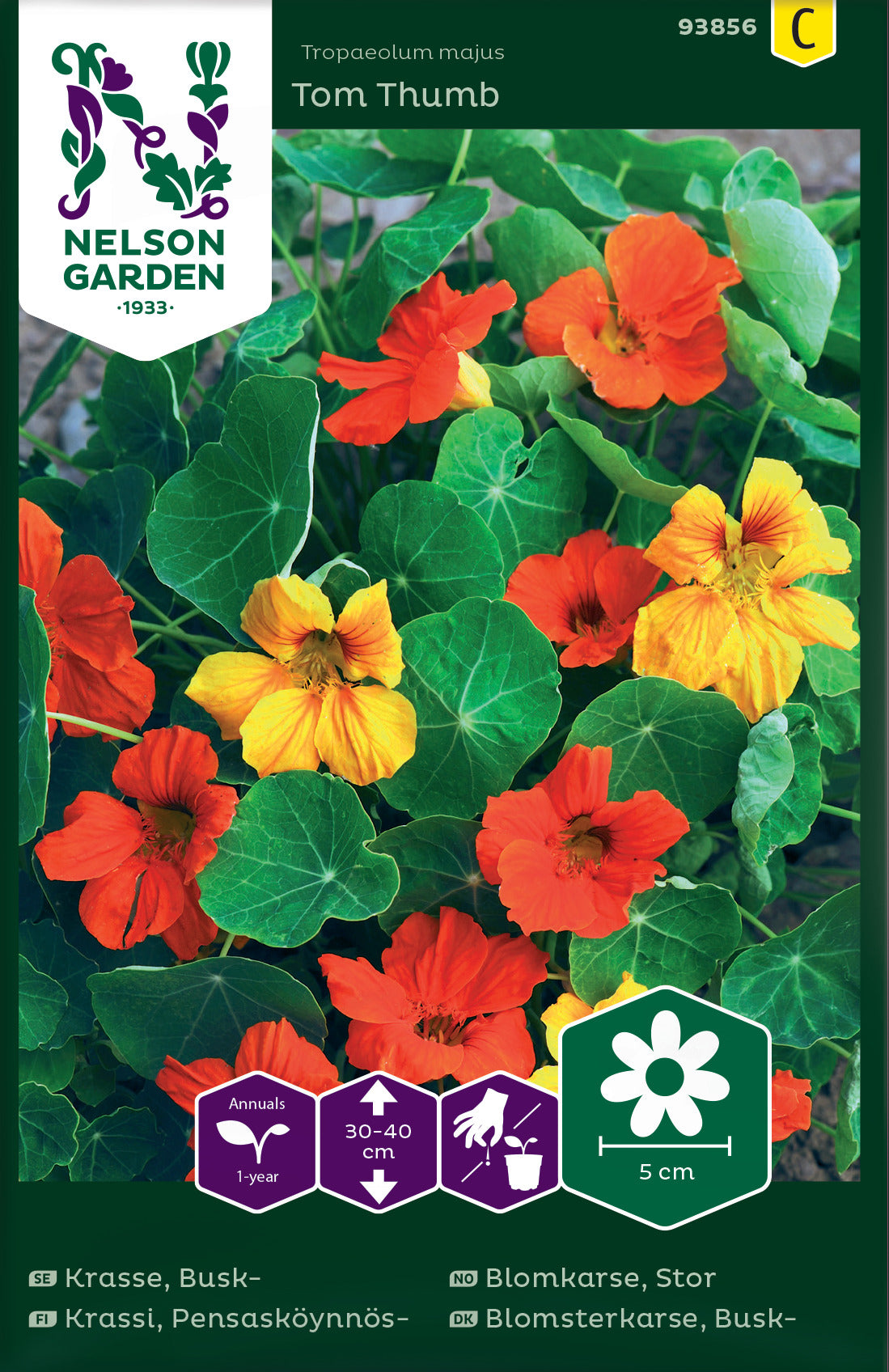 A pack of Nasturtium Tom Thumb seeds featuring images of the plant with yellow, orange, and red flowers, and leaves.