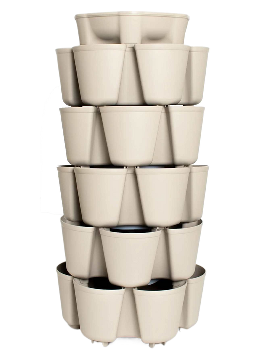 Beige stacking vertical planter in five levels with multiple compartments on each and a water reservoir on top