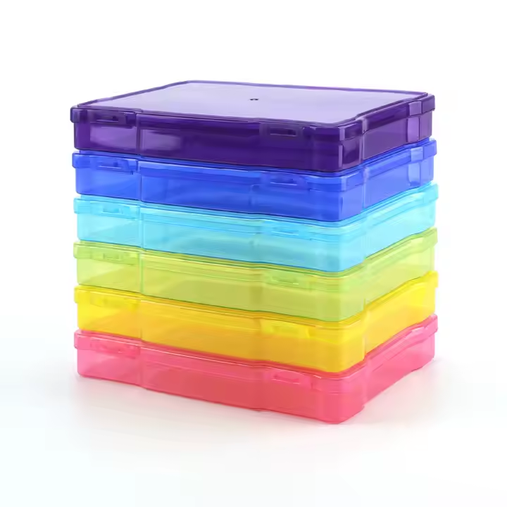 Stack of colorful hinged plastic boxes suitable for seeds, photos or cards in assorted colors