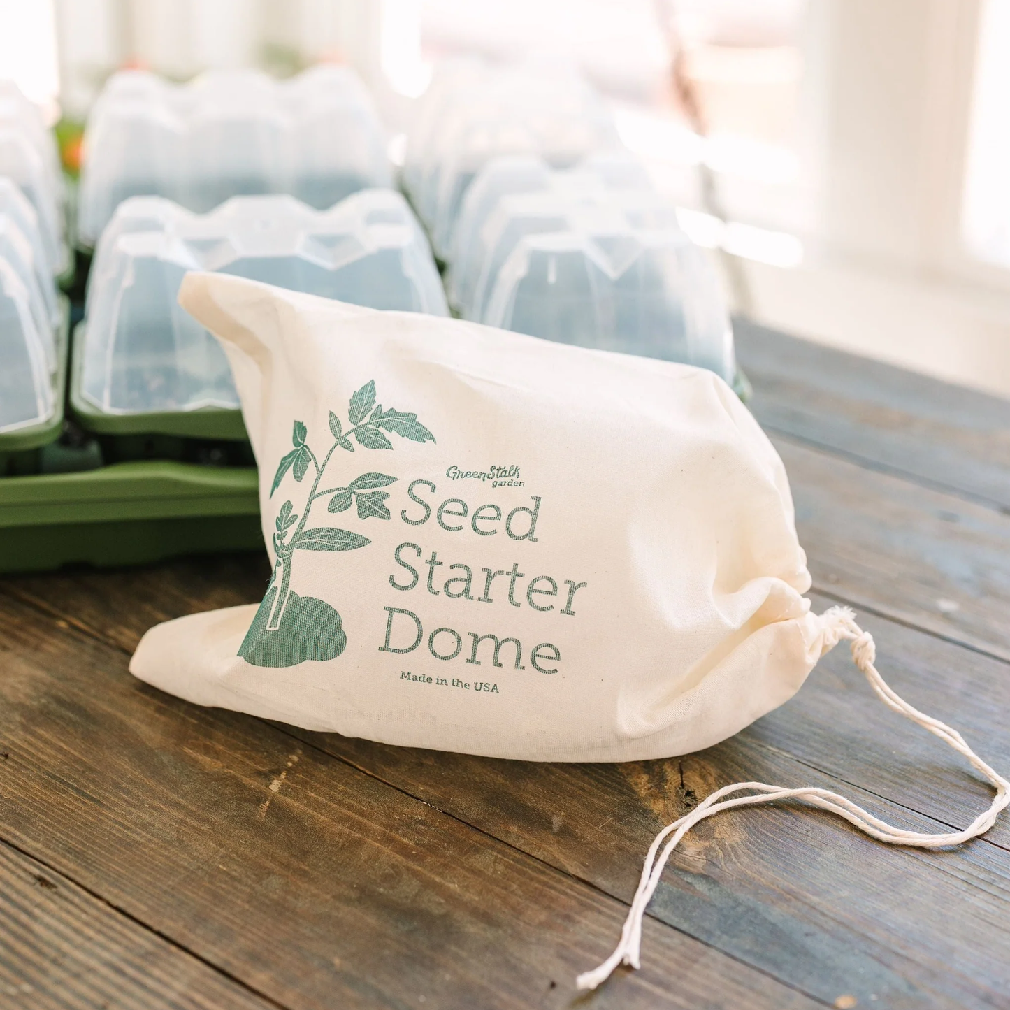 Drawstring bag with text Seed Starter Dome and plant design on a wooden surface