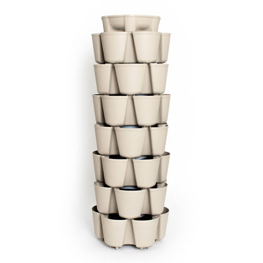 GreenStalk LEAF Vertical Planter 7 Tiers of stone colored planters with multiple compartments on each tier