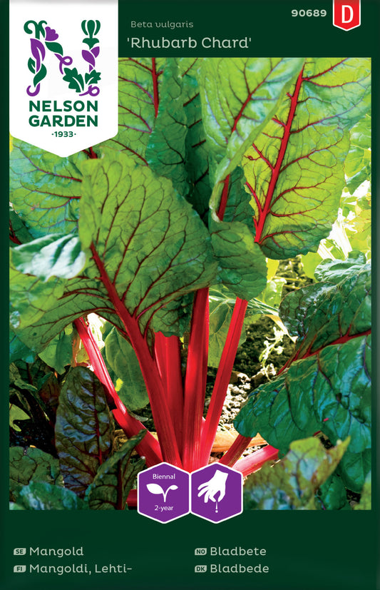 Packaging of 'Rhubarb Chard' seeds with a vibrant image of the plant featuring red leaf stalks and green leaves.