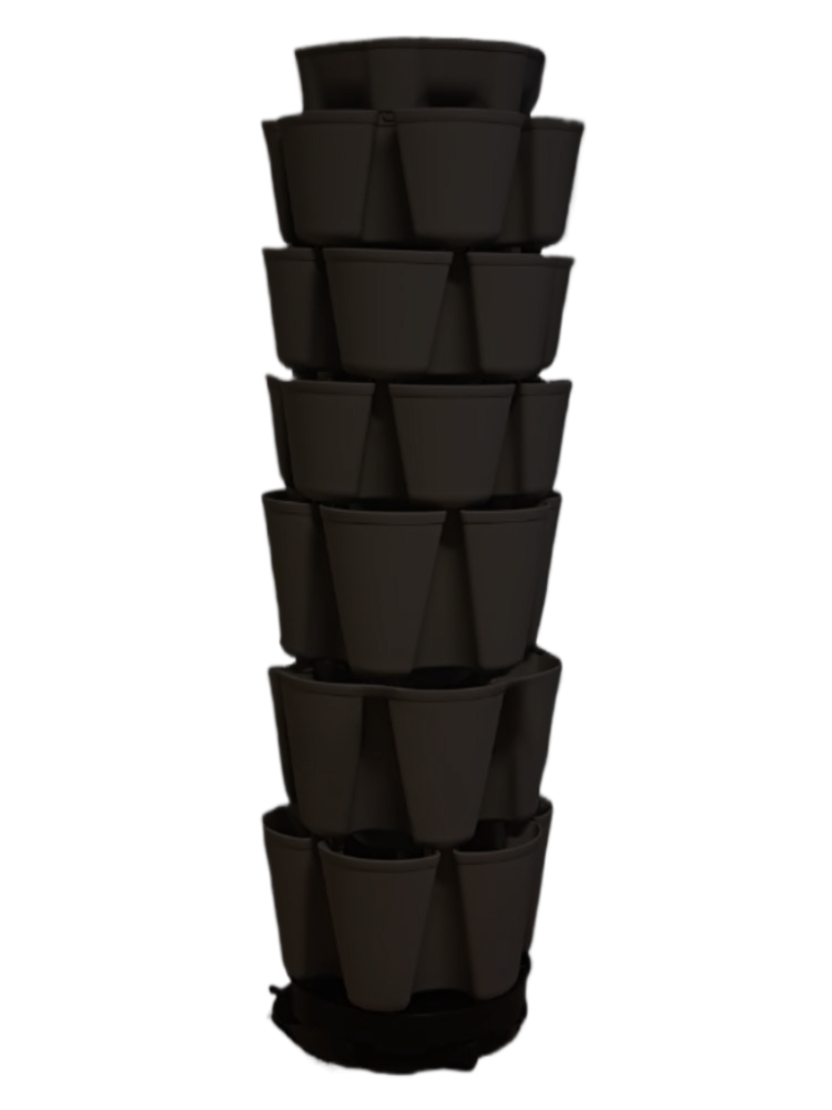 Black vertical garden planter with multiple tiers on a white background