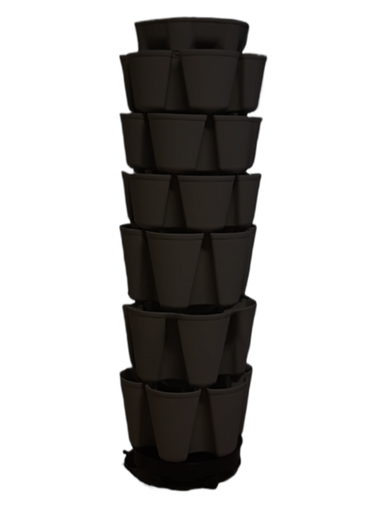 Black vertical garden planter with multiple tiers on a white background