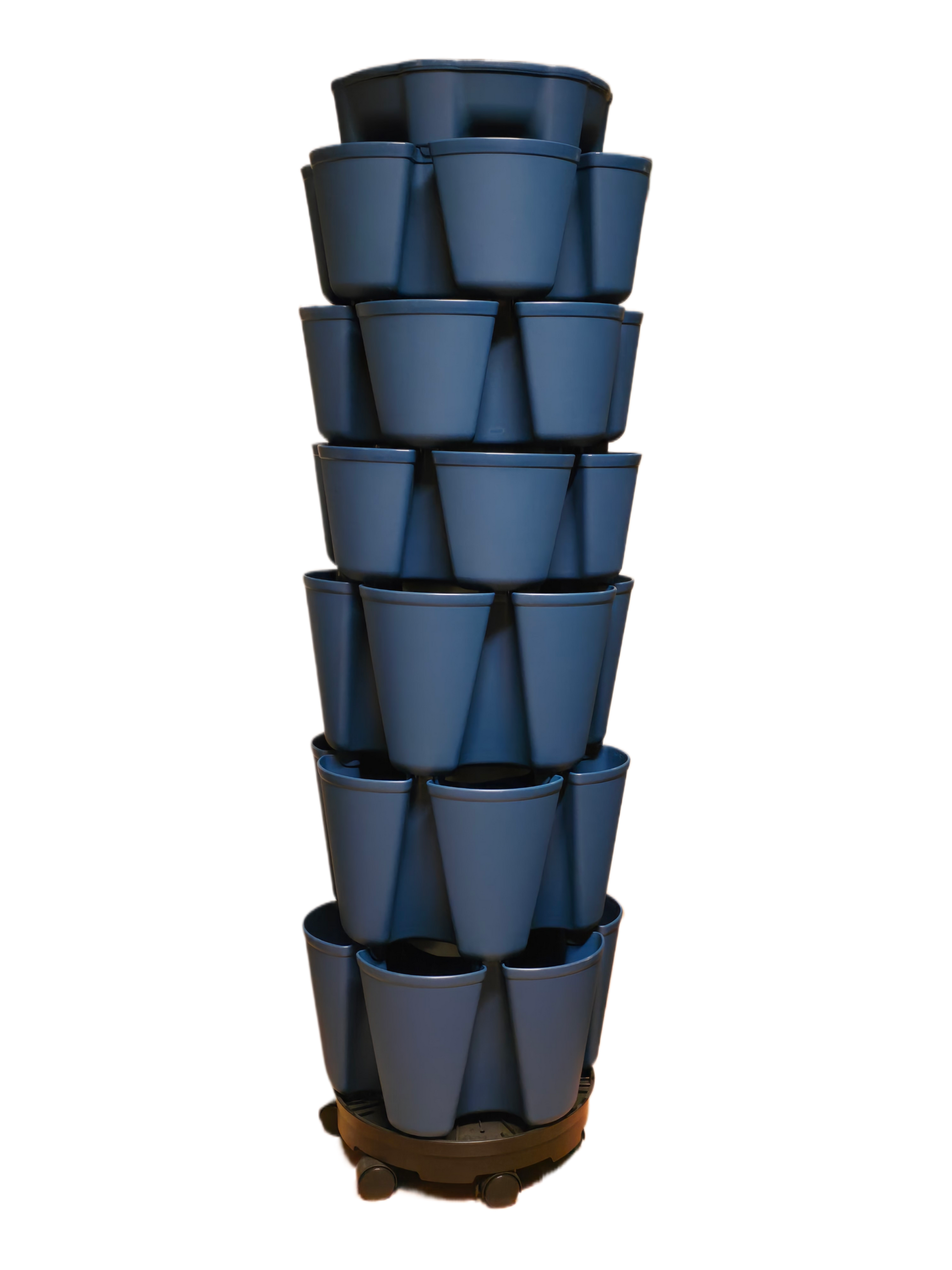 Stack of blue nesting plant pots on a white background