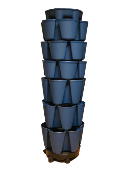 Stack of blue nesting plant pots on a white background