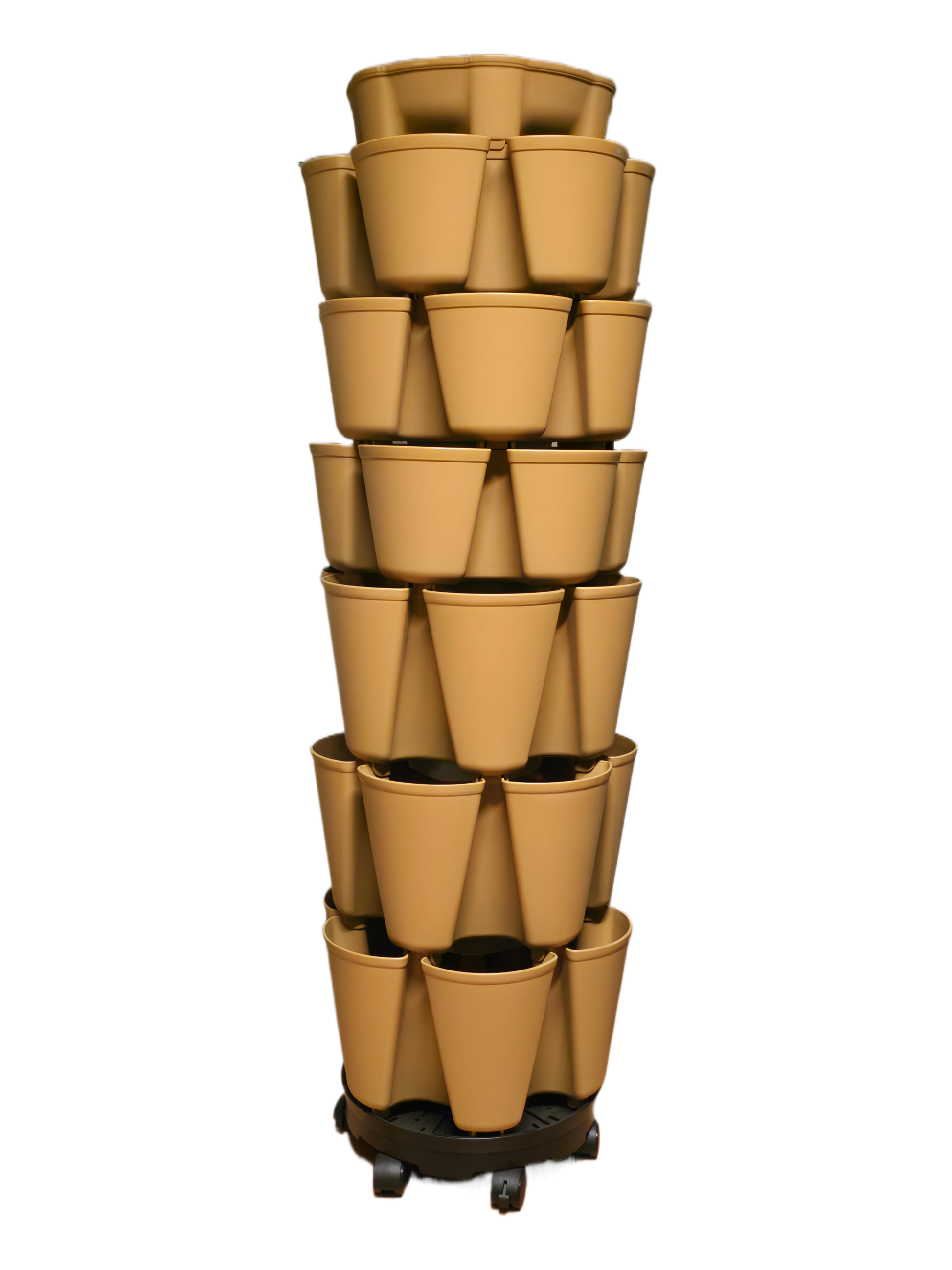 Stack of maple colored nested plant pots on a white background