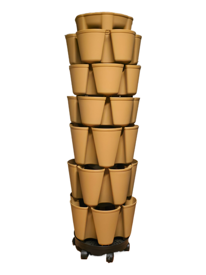 Stack of maple colored nested plant pots on a white background