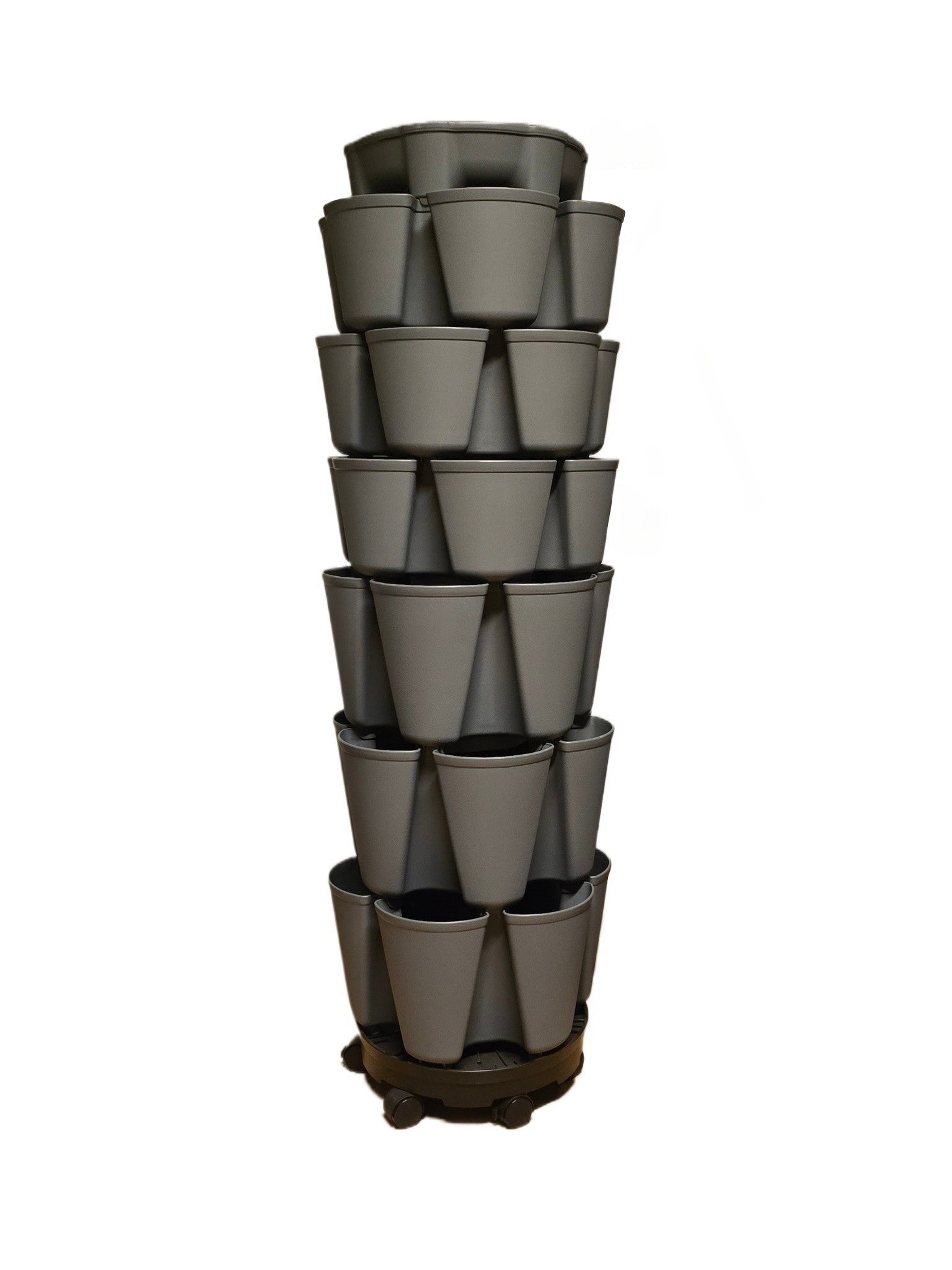 Stacked gray plan pot tower on a white background