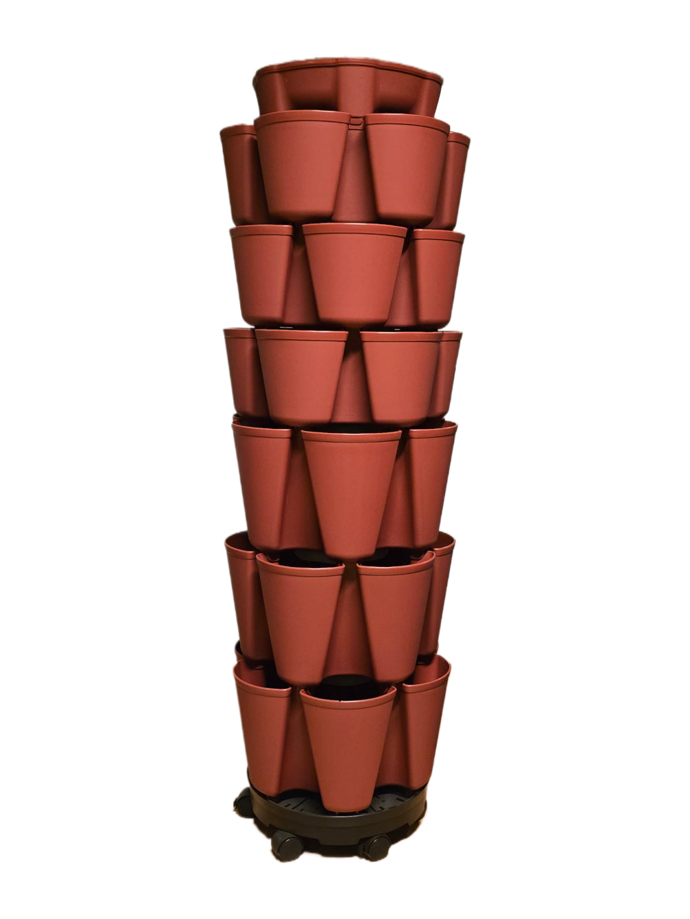 Brick red colored plant pot tower on a white background