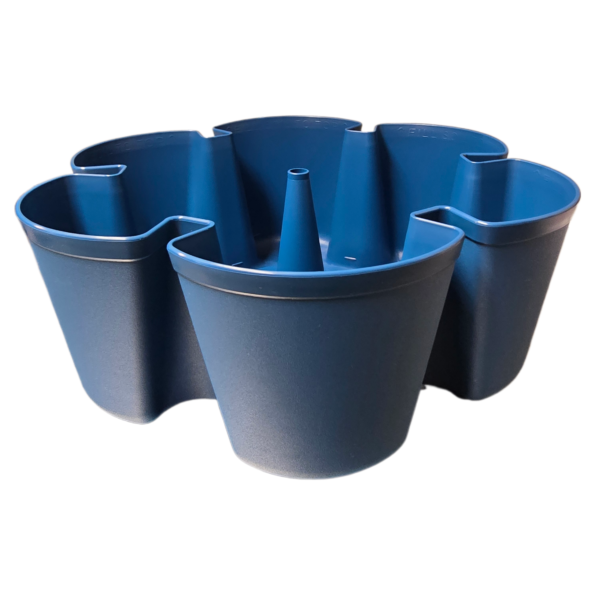 Blue plastic planter with multiple compartments on a white background