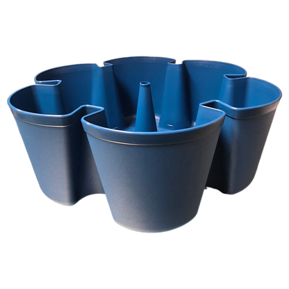 Blue plastic planter with multiple compartments on a white background