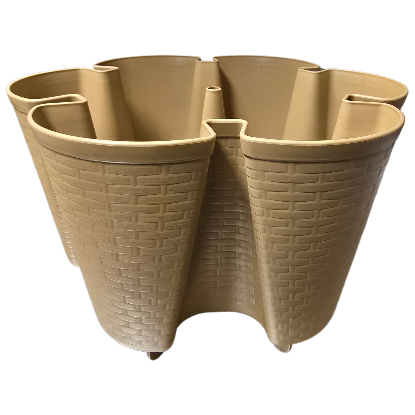 Caramel colored woven patterned plastic planter with multiple compartments on a white background