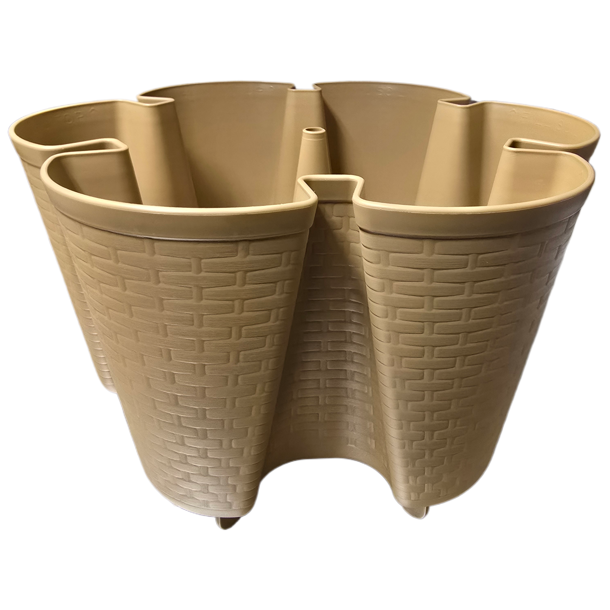 Caramel colored woven patterned plastic planter with multiple compartments on a white background