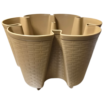 Caramel colored woven patterned plastic planter with multiple compartments on a white background