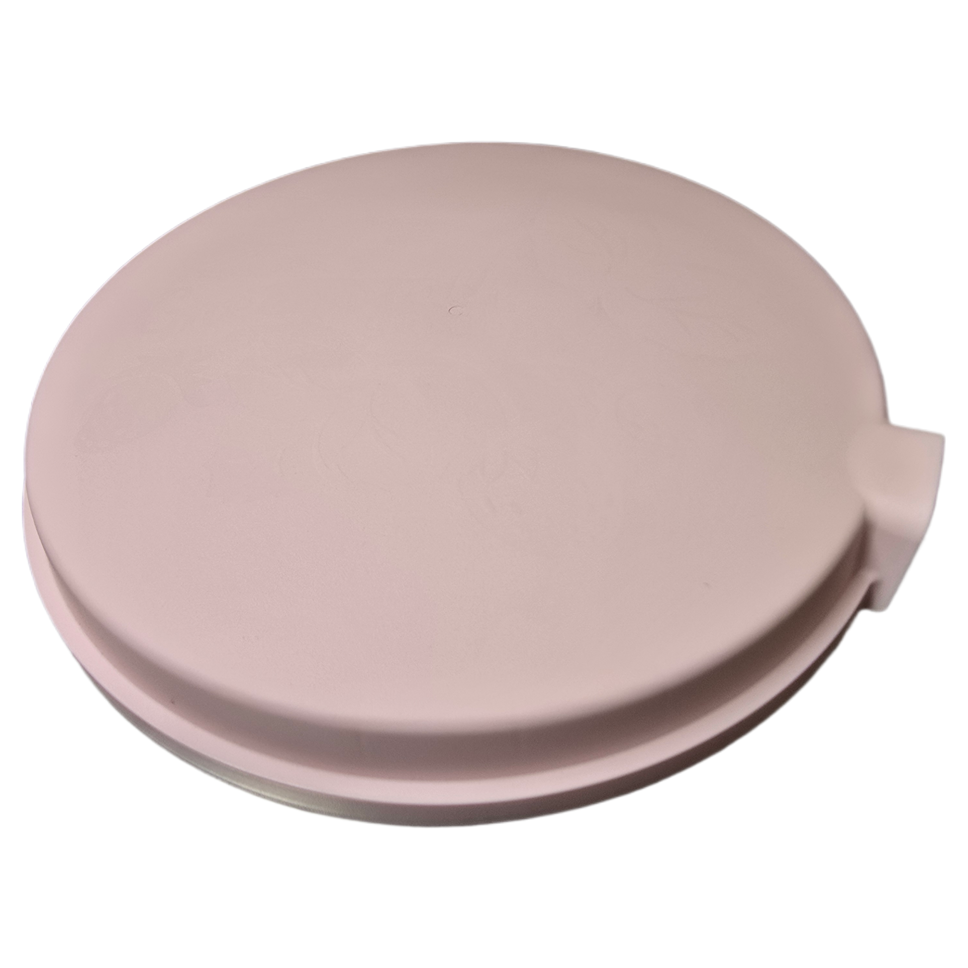 Pink round plastic planter lid on a white background