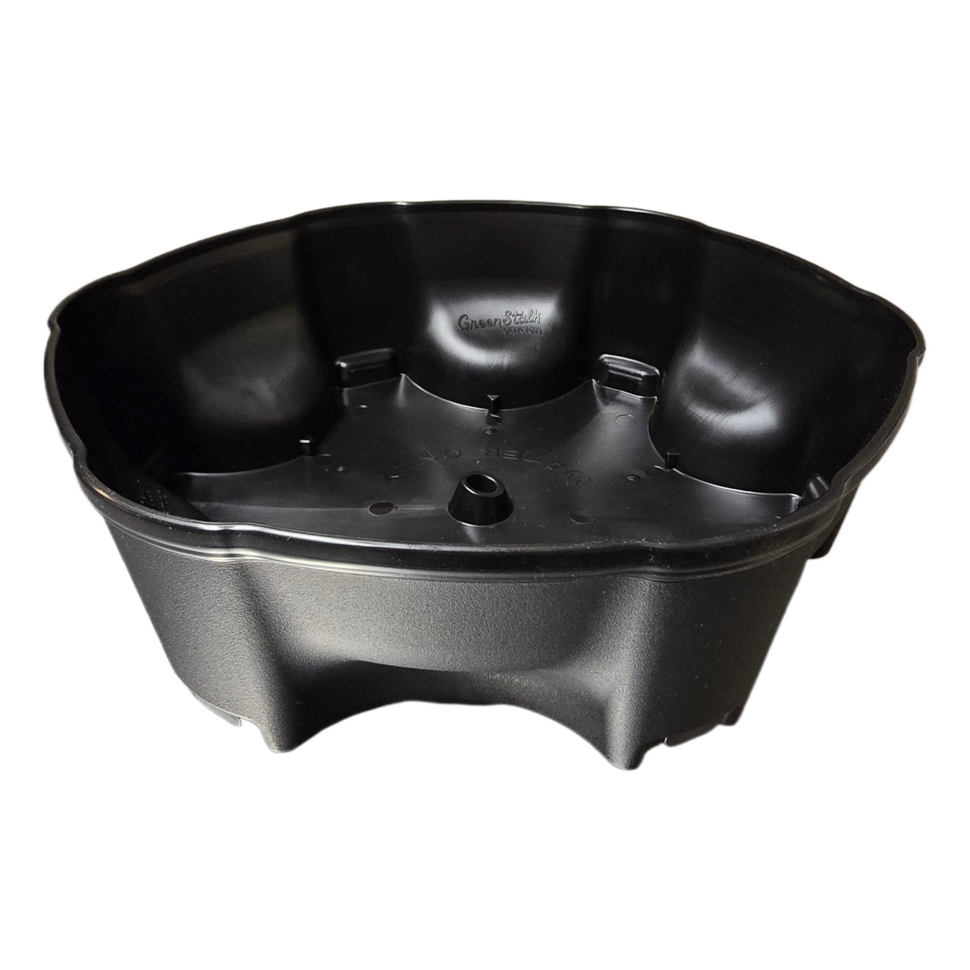 Round black plastic water reservoir for planter on a white background