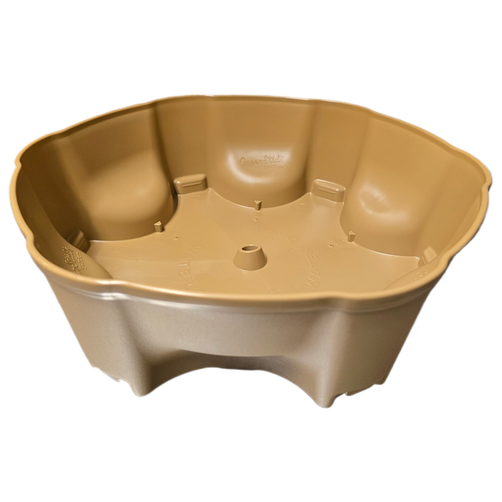 Beige plastic water reservoir for vertical planter on a white background