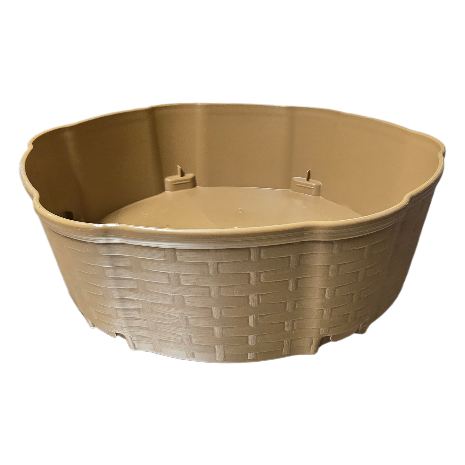Beige plastic water collector for vertical planter with woven texture on a white background