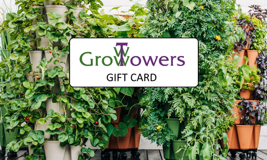 gift card from Grow Towers showing four GreenStalk vertical planters in several colors with lush vegetation growing in them