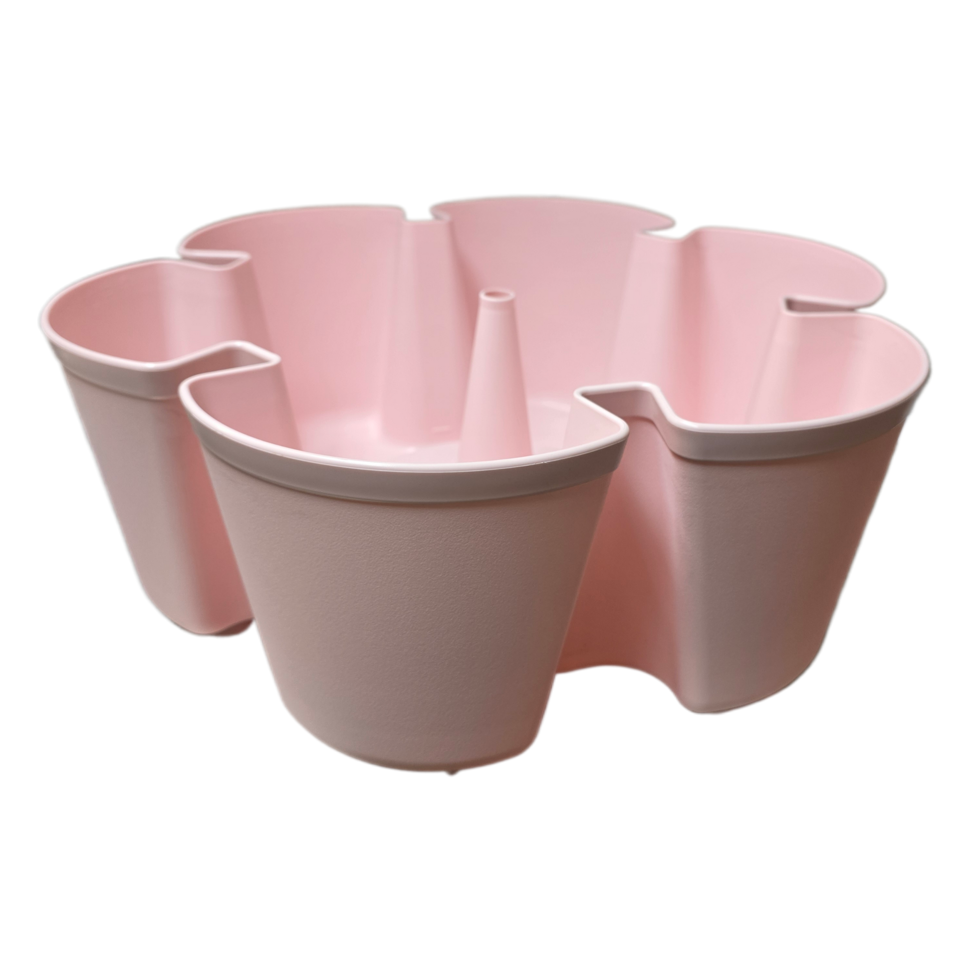 Pink plastic flower pot with multiple compartments on a white background