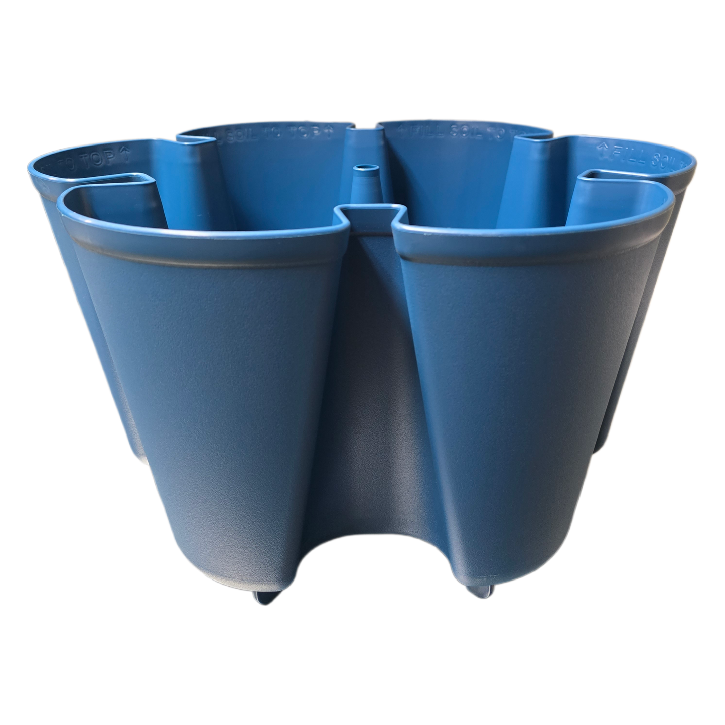 Blue plastic planter with multiple compartments on a white background