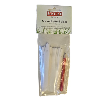 Nyby Sweden plastic plant markers in a clear plastic bag with a white header card. The set contains multiple white plastic sticks and one red-handled pencil.