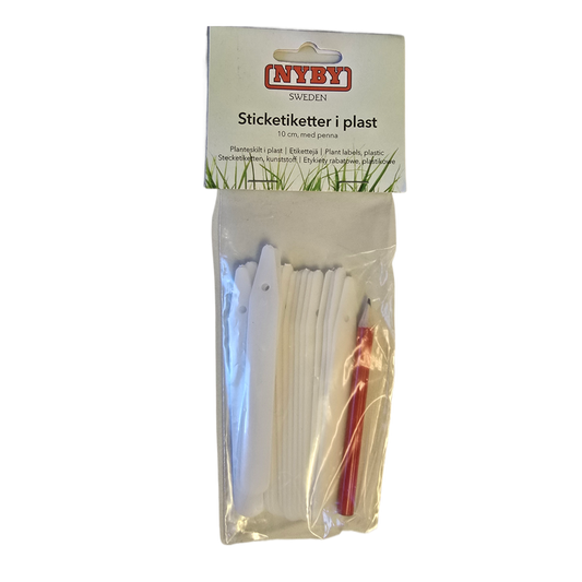 Nyby Sweden plastic plant markers in a clear plastic bag with a white header card. The set contains multiple white plastic sticks and one red-handled pencil.
