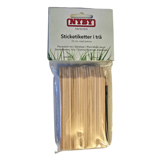 A package of Nyby wooden plant labels, containing 20 light brown wooden sticks in a clear plastic bag with a white cardboard header card.